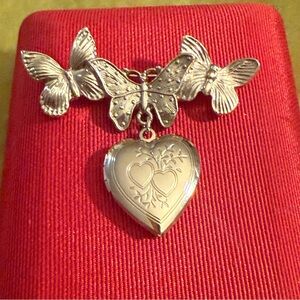 Vintage ornate bar dangle matte gold tone heart locket pin brooch